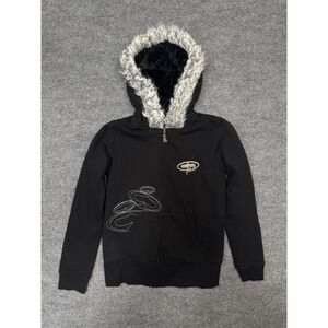 Vtg SRH Faux Fur Lined Zip Up Hoodie W Med Black Y2K Embroidered Heart Graphics
